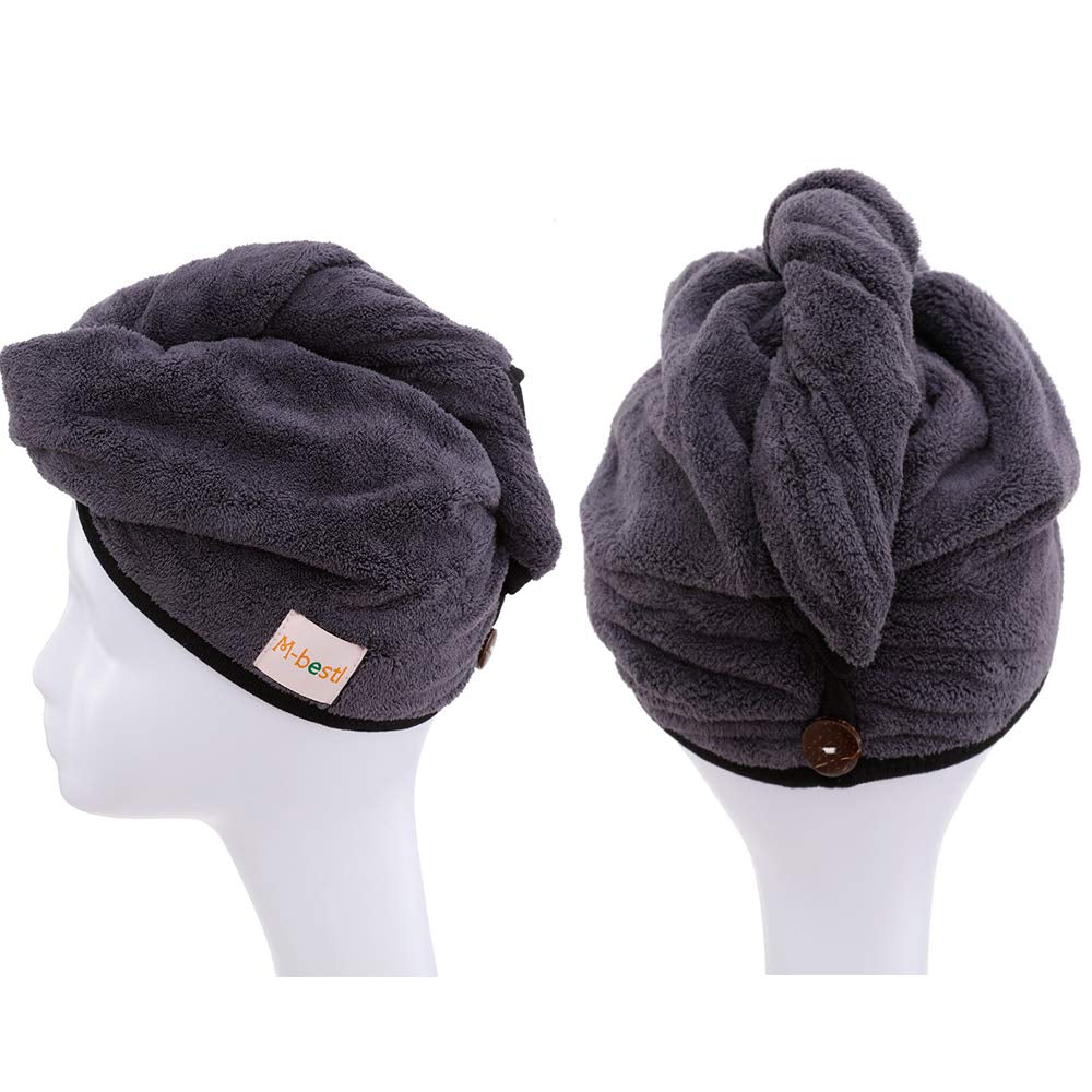 2 Pack Hair Drying Towels, Hair Towel Wrap,Absorbent Microfiber Hair Towel Turban with Button Design to Dry Hair More Quicker(Dark Gray& Blue)