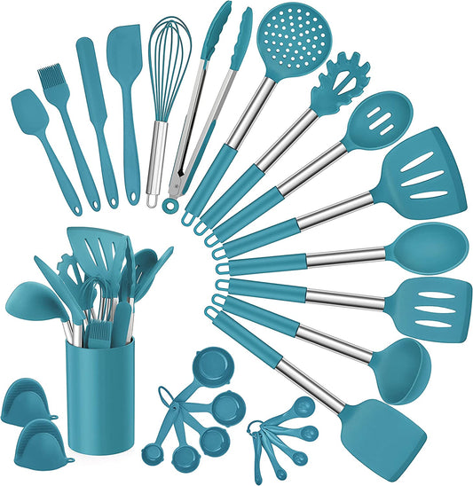 27 Pieces Silicone Cooking Utensils Set with Holder, Kitchen Utensil Sets for Nonstick Cookware, Dark Navy Blue Kitchen Tools Spatula with Stainless Steel Handle, Heat Resistant