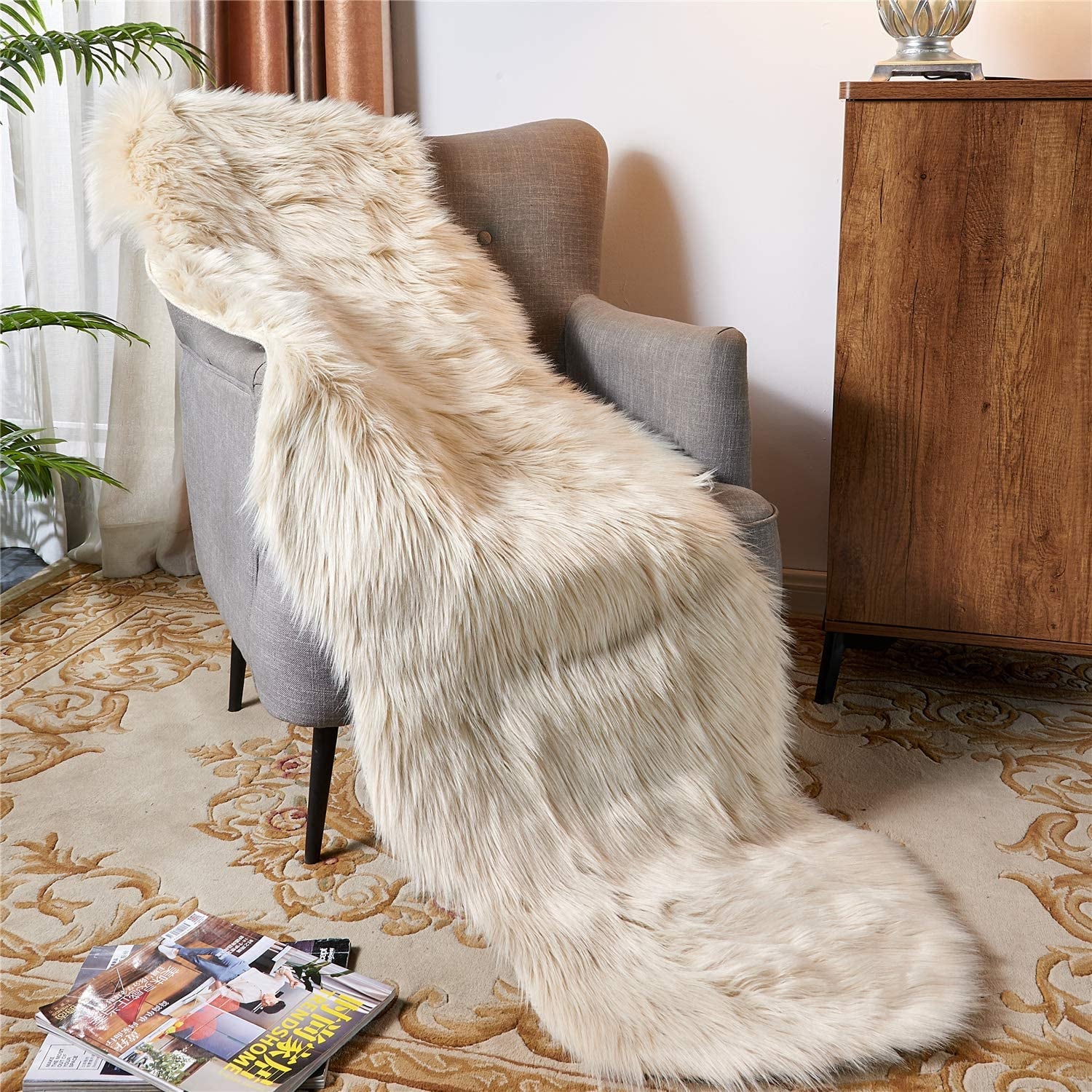 Ultra Soft Fluffy/Fuzzy Shaggy Area Rug Faux Fur Chair Cover Seat Pad for Bedroom Floor Sofa Living Room (2 X 6 Ft Sheepskin, Beige)