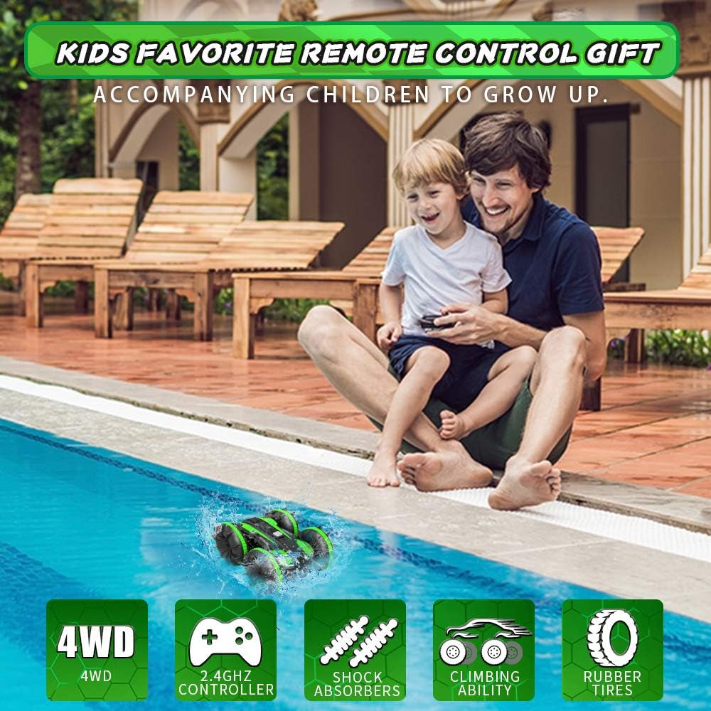 Car Toys for 6-10 Year Old Boys Amphibious Remote Control Car, Stunt Mini Truck RC Car for Kids 2.4 Ghz 4WD Remote Control Boat Waterproof Vehicle All Terrain Christmas Birthday Gifts-Green